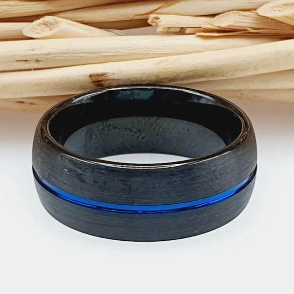 "Black Tungsten Wedding Ring with Blue Groove, GALTUN989 - Picture 5 of 5